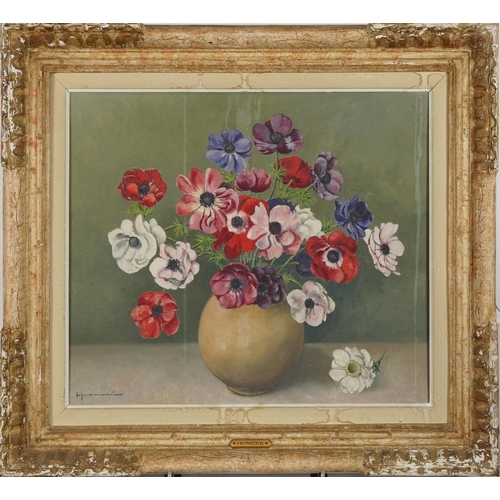 1418 - Honoré - Bowl of poppies in a vase, French still life oil on canvas, Maison Franco,16 Rue Pasterelli... 