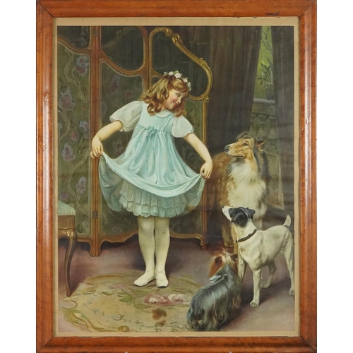 216 - Young ballerina with dogs, Victorian print in colour, framed and glazed in a bird's eye maple frame,... 