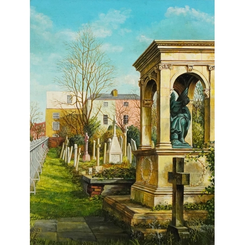 1083 - Gick 87 - Memorial Shrine with graveyard garden, oil on board in gilt frame, 39cm x 30cm