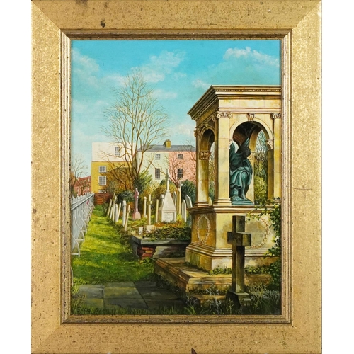 1083 - Gick 87 - Memorial Shrine with graveyard garden, oil on board in gilt frame, 39cm x 30cm