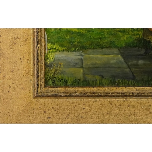 1083 - Gick 87 - Memorial Shrine with graveyard garden, oil on board in gilt frame, 39cm x 30cm