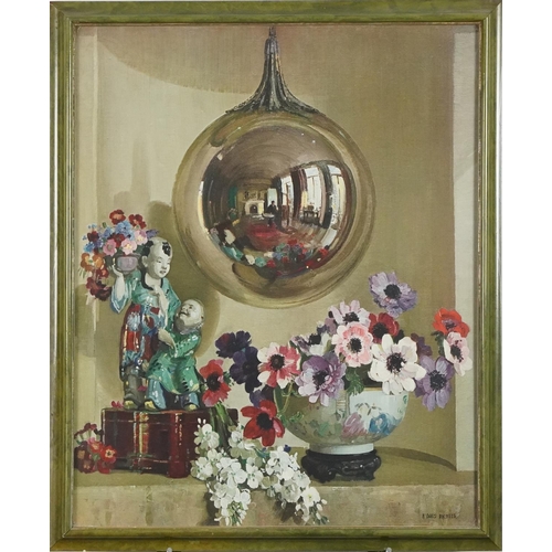 439 - H Davis Richter - Reflections, contemporary Chinese print, framed and glazed in contemporary green f... 