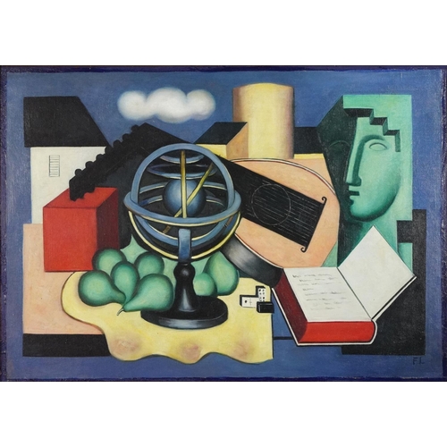 1202 - After Ledger - Face, book and sphere, abstract composition, oil on board in gilt frame, 76cm x 55cm