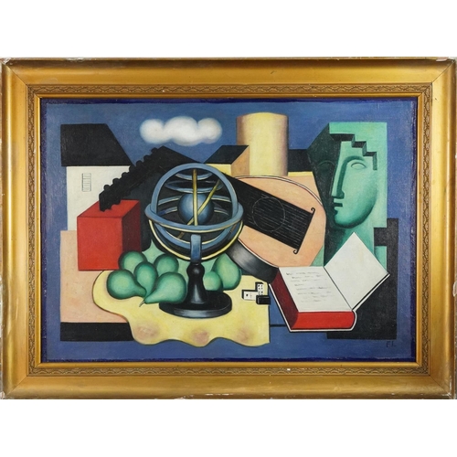 1202 - After Ledger - Face, book and sphere, abstract composition, oil on board in gilt frame, 76cm x 55cm