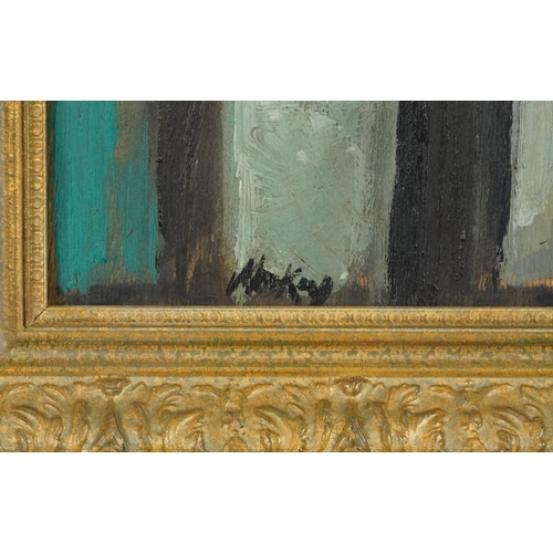 1151 - Manner of Markey Robinson - Going to church, oil on board in gilt frame, 39cm x 19cm