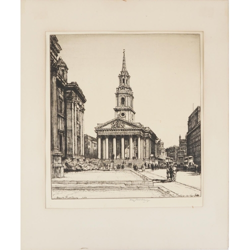 1301 - Henry Rushbury 1944 - St Martin-in-the-Fields, pencil signed etching, mounted, 33cm x 26cm