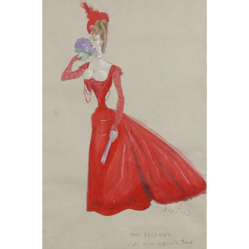 Cecil Beaton - Mrs Erlynne, Lady Windermere's Fan, pencil and watercolour sketch, Wright Hepburn Gallery label to the reverse, mounted, framed and glazed, 51cm x 34cm