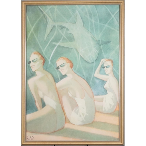 1203 - Mama Graf - Bathing Beauties with Shark, coloured print, framed and glazed in a silvered gilt frame,... 