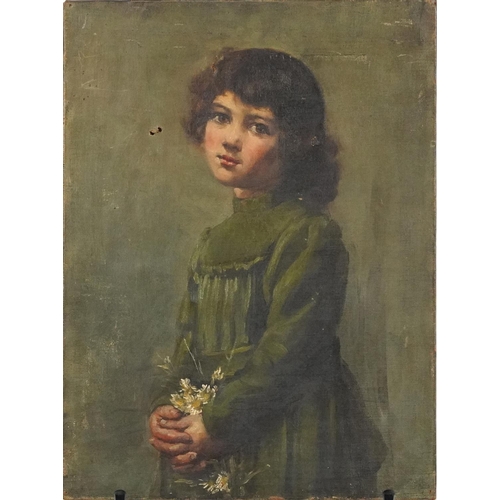 381 - W A Micheal - On Barnes Common, young girl with posy of daisies and old lady with shawl, oil on canv... 