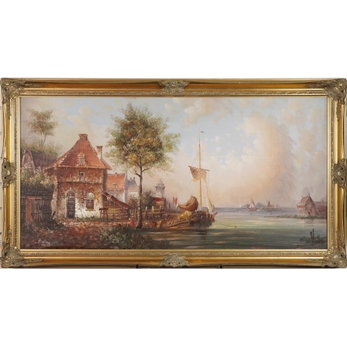 325 - Beillie - Dutch harbour scene, oil on board, gilt framed, 119cm x 60cm excluding the frame