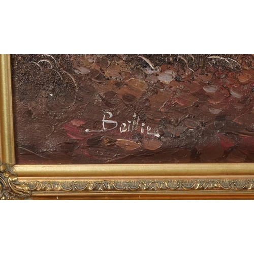 325 - Beillie - Dutch harbour scene, oil on board, gilt framed, 119cm x 60cm excluding the frame