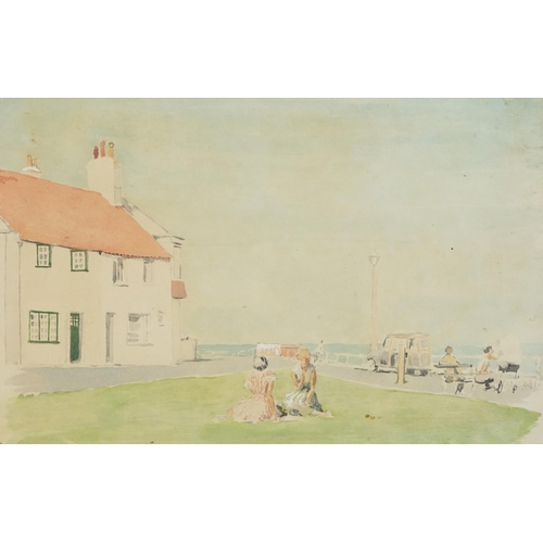 474 - Colonel Frederick Beddington - Seaside esplanade with Morris Traveller and picnic, people on deckcha... 