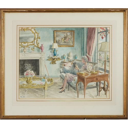 60 - Colonel Frederick Beddington '66 - Lady reading in country house front room, watercolour, gilt mount... 