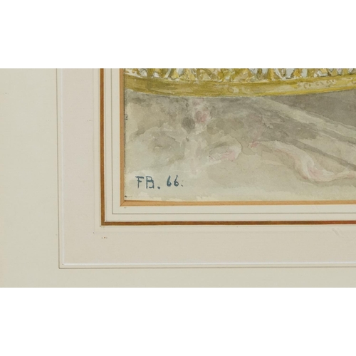 60 - Colonel Frederick Beddington '66 - Lady reading in country house front room, watercolour, gilt mount... 