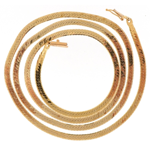 14ct gold flattened snake link necklace, 75cm in length, 13.0g