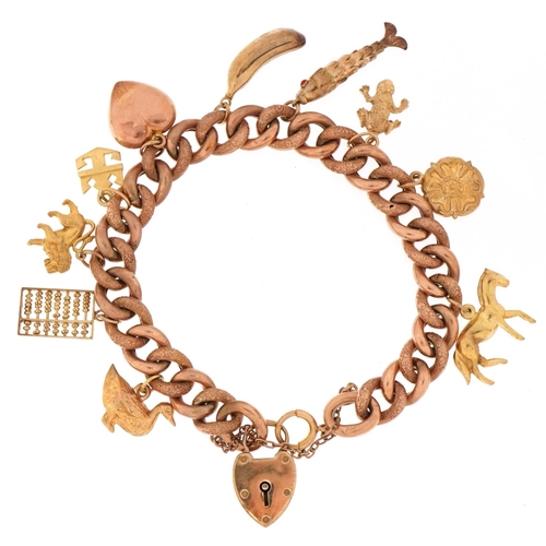 9ct rose gold charm bracelet with love heart padlock and a collection of mostly gold charms including an abacus, Tudor rose and horse, 18cm in length, 30.0g