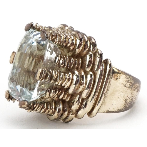Heavy Modernist 9ct gold aquamarine ring, the aquamarine approximately 16.30mm x 11.0mm, size O/P, 29.0g