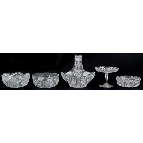 1136 - Good quality cut crystal comprising three bowls, fruit basket and pedestal tazza, the largest 24cm h... 