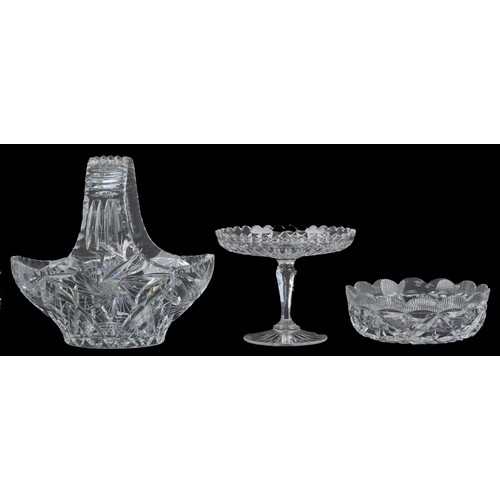 1136 - Good quality cut crystal comprising three bowls, fruit basket and pedestal tazza, the largest 24cm h... 