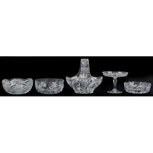 1136 - Good quality cut crystal comprising three bowls, fruit basket and pedestal tazza, the largest 24cm h... 