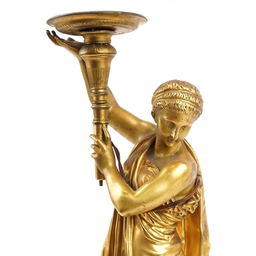 95 - 19th century classical gilt bronze statue of a lady holding a torch, mounted on a marble and bronze ... 