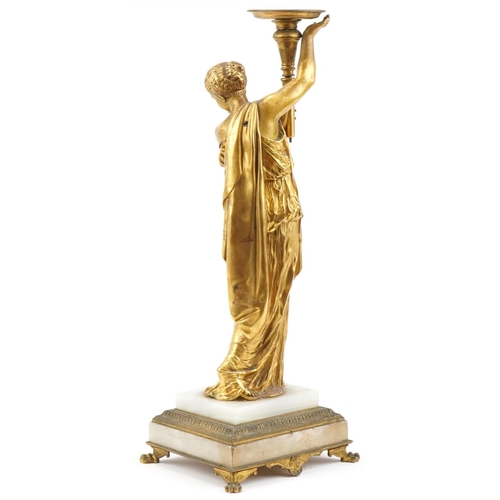 95 - 19th century classical gilt bronze statue of a lady holding a torch, mounted on a marble and bronze ... 