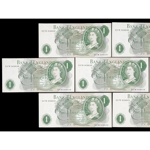 1291 - Ten Bank of England one pound banknotes with nine consecutive numbers, Chief Cashier J S Fforde