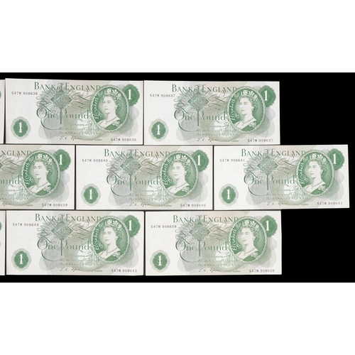 1291 - Ten Bank of England one pound banknotes with nine consecutive numbers, Chief Cashier J S Fforde