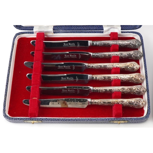 2457 - Set of six sterling silver handled cake forks, butter knives and bread knife, each with fitted case,... 