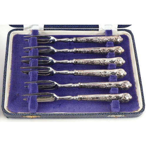 2457 - Set of six sterling silver handled cake forks, butter knives and bread knife, each with fitted case,... 