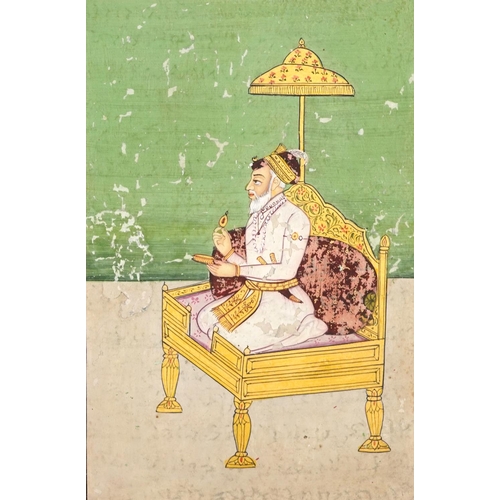 1156 - Emperor on daybed, Indian Mughal school gouache on paper, calligraphy verso, unframed, 22.5cm x 16cm