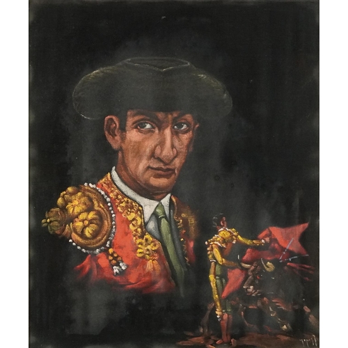 1206 - Matador, Spanish school oil on fabric, Aries label verso, mounted, framed and glazed, 47.5cm x 39.5c... 