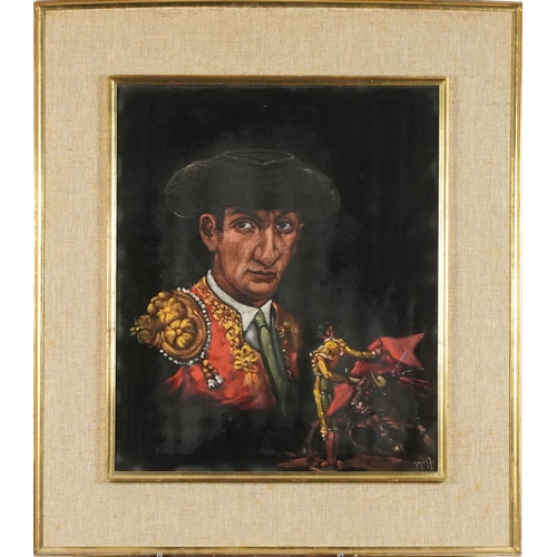 1206 - Matador, Spanish school oil on fabric, Aries label verso, mounted, framed and glazed, 47.5cm x 39.5c... 