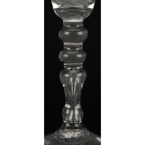 205 - 18th century wine glass with multiple knop stem, 17cm high