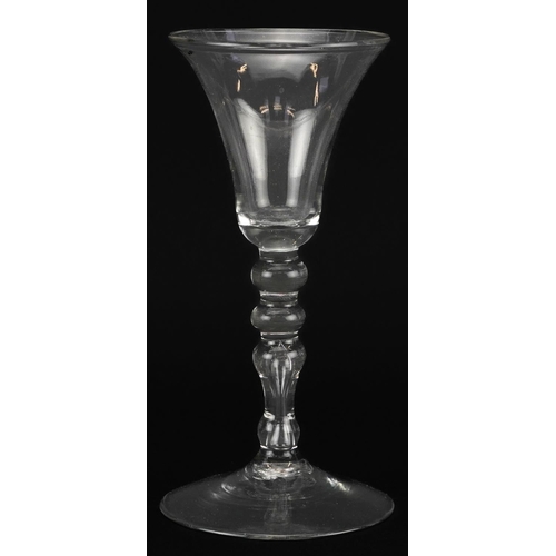 205 - 18th century wine glass with multiple knop stem, 17cm high