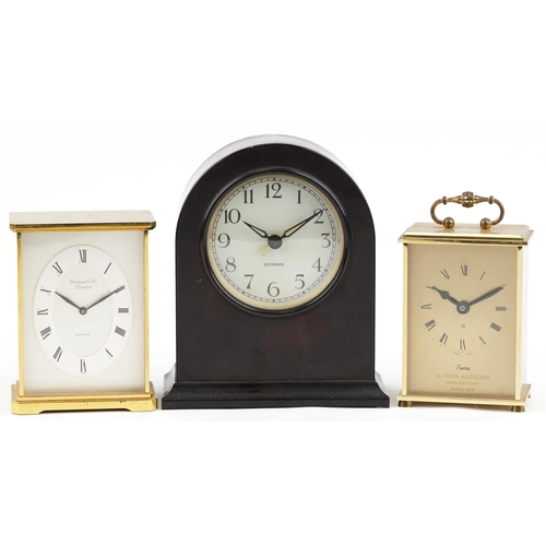 1141 - Two brass cased carriage clocks and a Bakelite dome top mantle clock inscribed Ediswan, the largest ... 