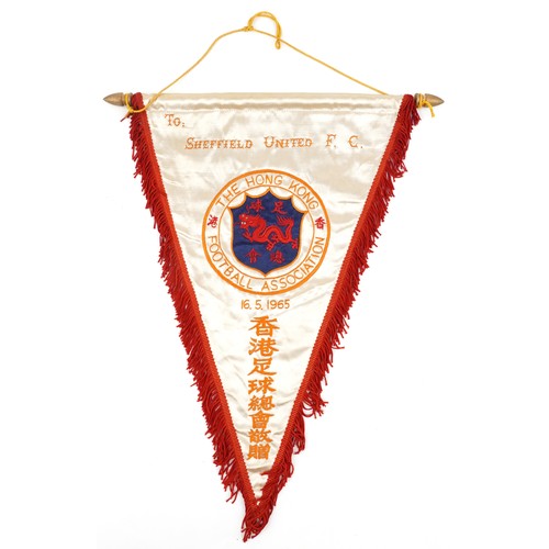 1431 - Football interest Sheffield United Hong Kong Football Association match pennant for 16.5.1965 with C... 