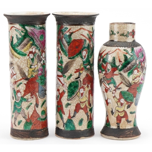 428 - Pair of Chinese hand painted crackle glazed spill vases together with a vase decorated with warriors... 