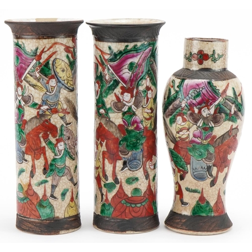 428 - Pair of Chinese hand painted crackle glazed spill vases together with a vase decorated with warriors... 