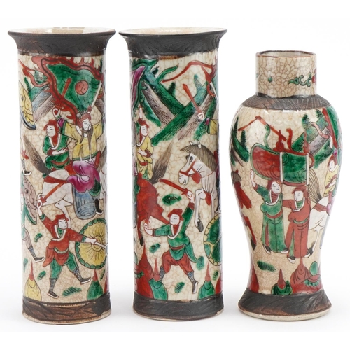 428 - Pair of Chinese hand painted crackle glazed spill vases together with a vase decorated with warriors... 