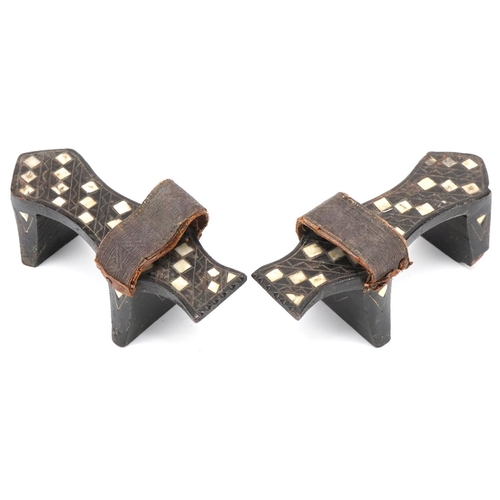 129 - Pair of vintage Turkish hardwood shoes inlaid with mother of pearl, each 22cm in length