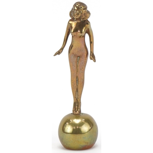 Brass car mascot in the form of a nude lady, 16cm high