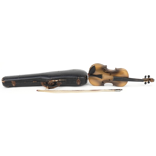 484 - Violin with Stradivarius paper label to inside, bow and hard case, the violin back 35cm in length