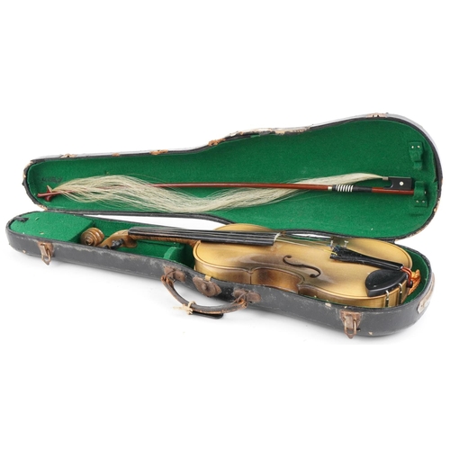 484 - Violin with Stradivarius paper label to inside, bow and hard case, the violin back 35cm in length