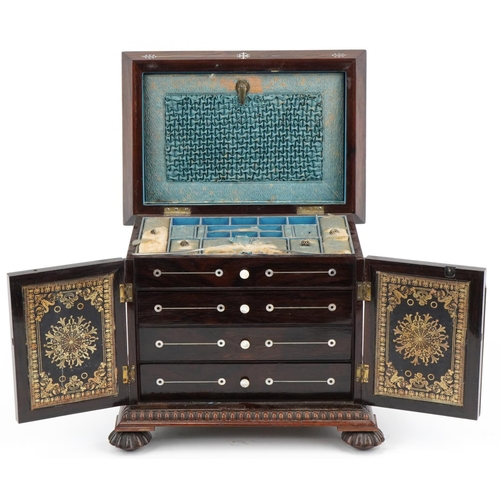 132 - Victorian rosewood jewellery table cabinet inlaid with mother of pearl birds and flowers with blue s... 