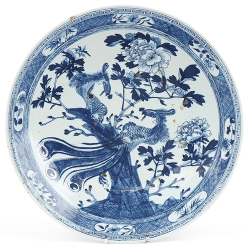 62 - Large Chinese blue and white porcelain charger hand painted with birds and flowers, 46cm in diameter