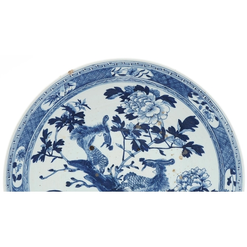 62 - Large Chinese blue and white porcelain charger hand painted with birds and flowers, 46cm in diameter