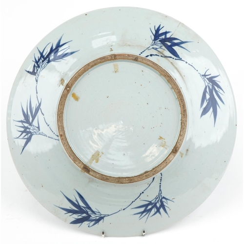 62 - Large Chinese blue and white porcelain charger hand painted with birds and flowers, 46cm in diameter