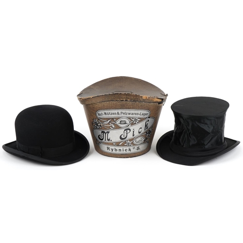 Vintage boxed bowler hat and a folding silk top hat, D.R.G.M. 416355