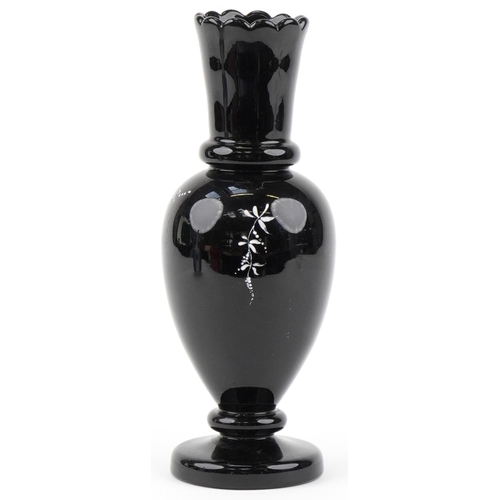 203 - Victorian black glass vase hand enamelled with flowers, 30cm high